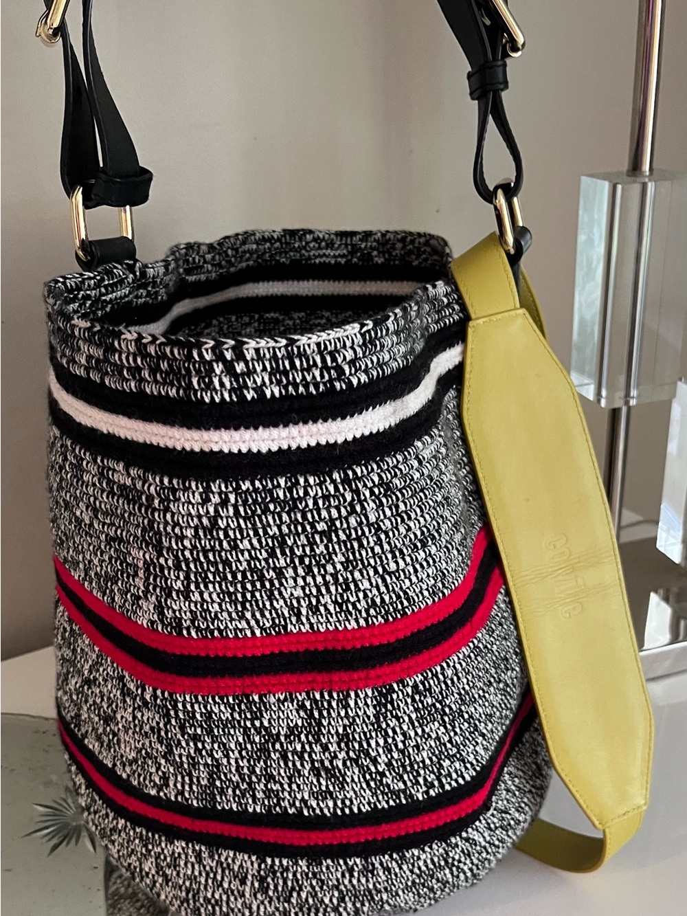 COLVILLE Striped BOLD black,red & white Knit Bucket Bag 😘
